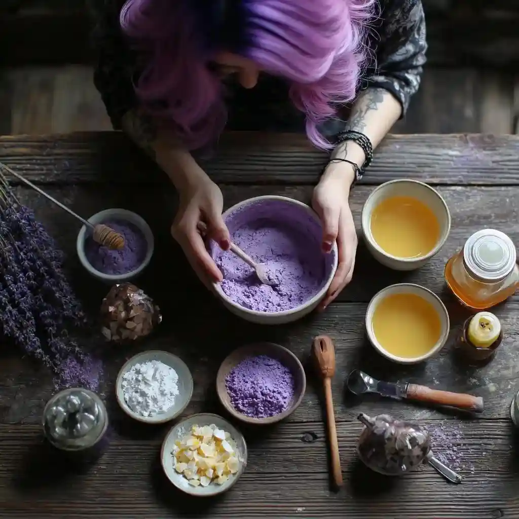 Hands mixing purple sweet potato cake batter in a rustic bowl surrounded by honey, lavender, and baking ingredients on a wooden table.
