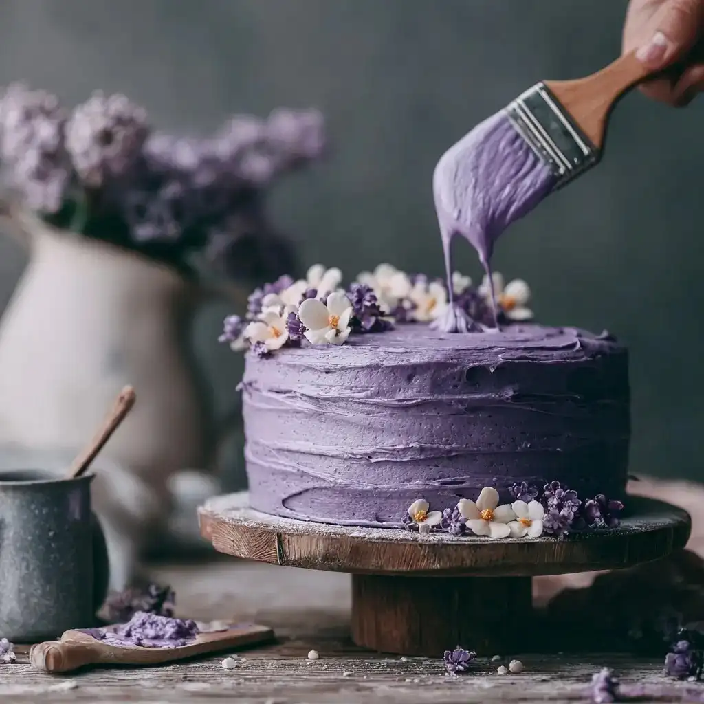 A freshly baked purple sweet potato cake being frosted with smooth purple cream and decorated with delicate flowers.