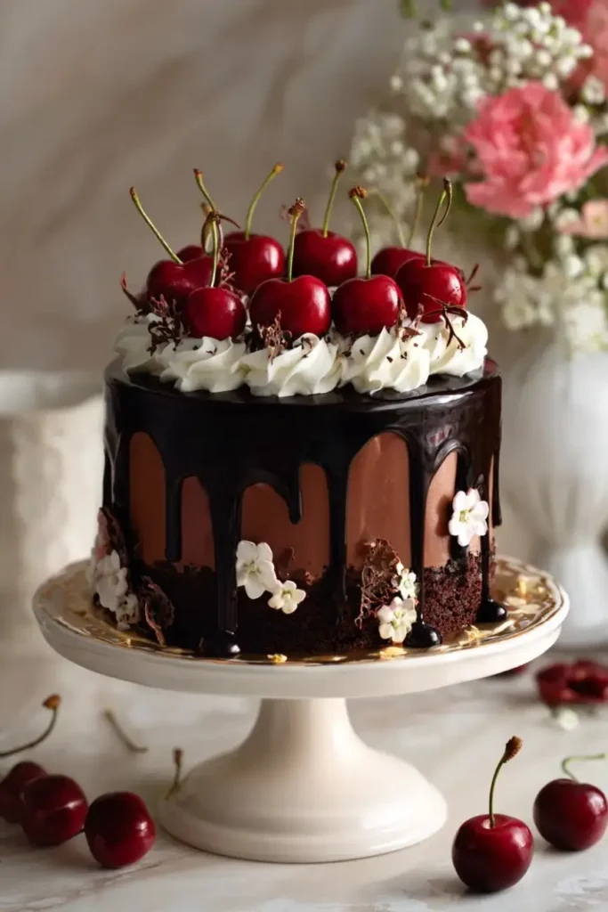 Elegant Black Forest Cake with glossy chocolate ganache, whipped cream swirls, and fresh cherries on top, displayed on a white cake stand with flowers in the background.