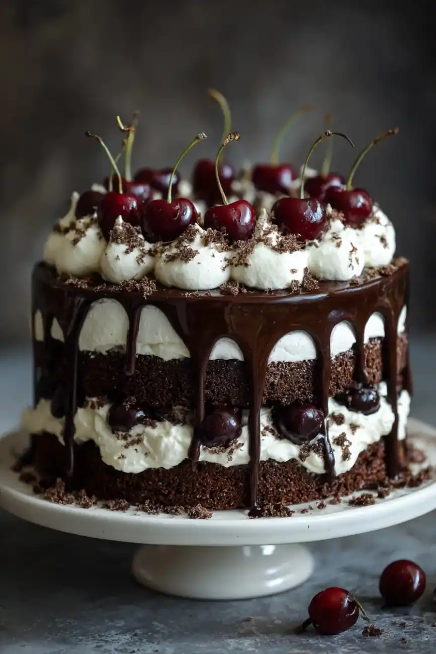 Semi-naked Black Forest Cake with layers of chocolate sponge, whipped cream, and cherries topped with chocolate drips and fresh fruit.