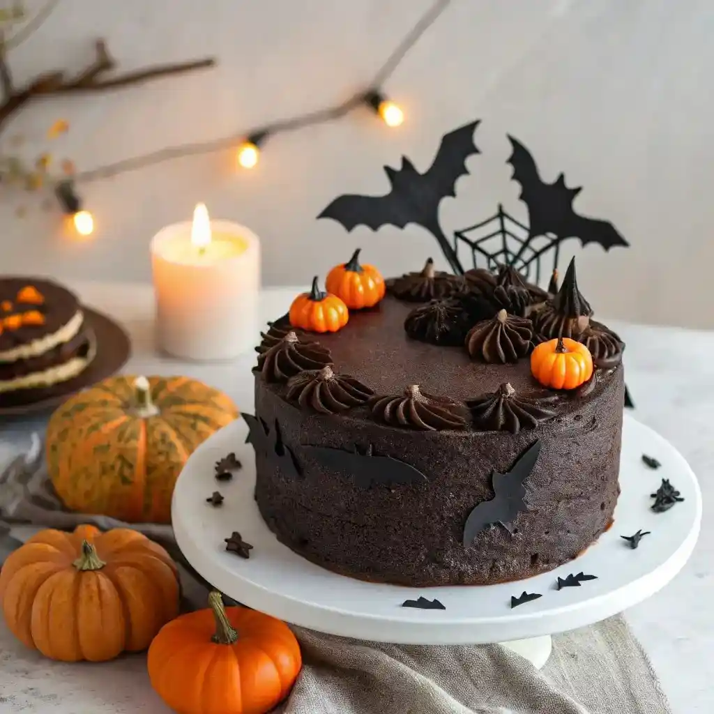Halloween chocolate cake decorated with mini pumpkins, edible bats, and a spiderweb cake topper.