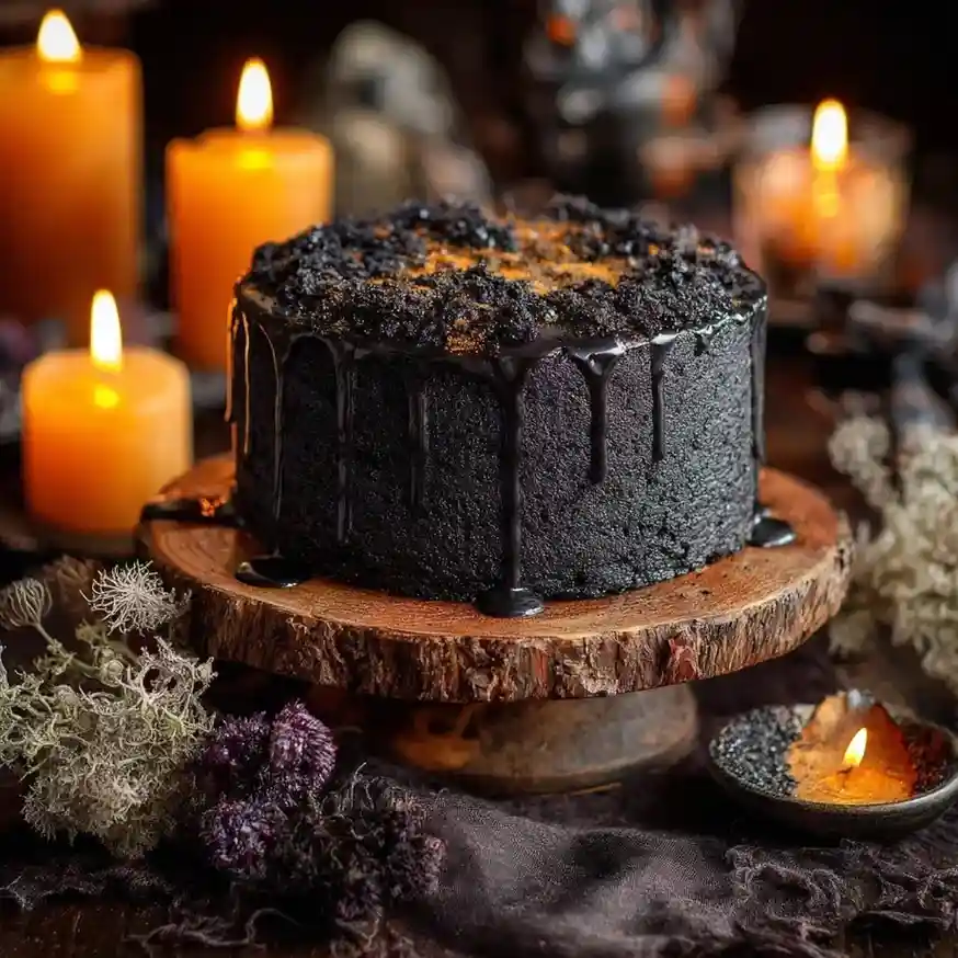 Black velvet Halloween cake with black drip frosting, styled with candles in a gothic atmosphere.