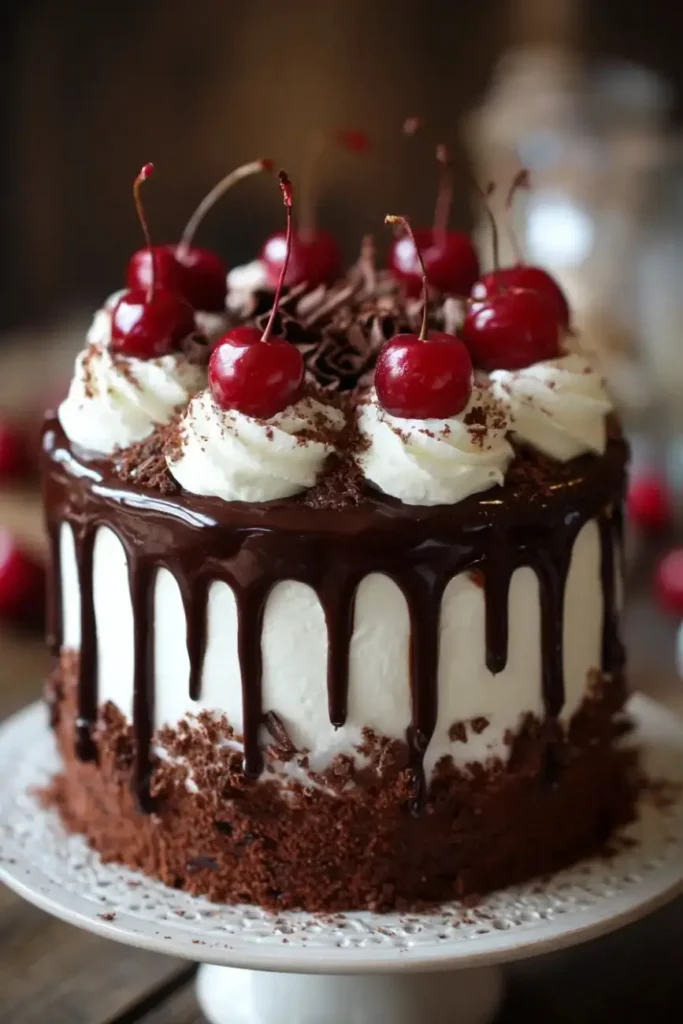 Black Forest Cake with white whipped cream frosting, dark chocolate drip, and fresh cherries on top, set on a white cake stand.