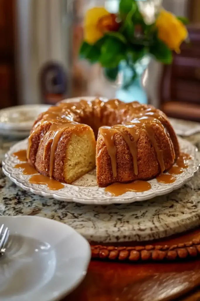 Brown Sugar Caramel Pound Cake with glossy caramel glaze on a decorative plate.
