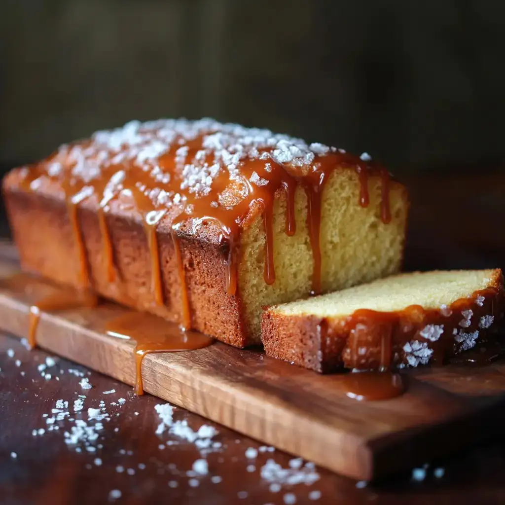 Loaf of caramel pound cake with dripping caramel glaze and sprinkled sea salt.