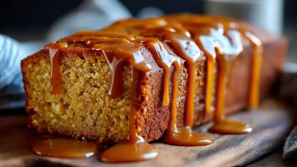 Close-up of caramel pound cake slice showing rich crumb and caramel drizzle.