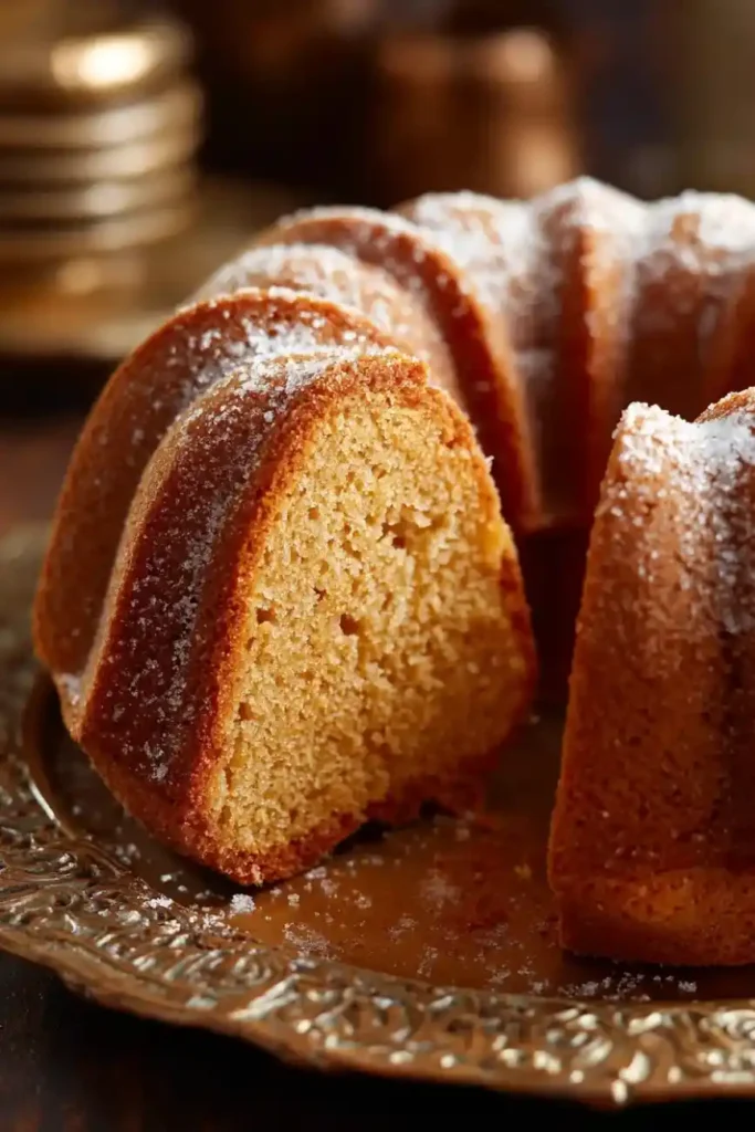 Brown Sugar Pound Cake sliced on a golden vintage tray, dusted with powdered sugar, showing a moist crumb and glossy crust.