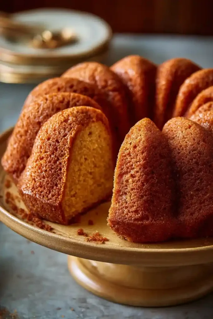 Whole Brown Sugar Bundt Cake on a rustic cake stand, showing caramelized edges and tender golden slices.