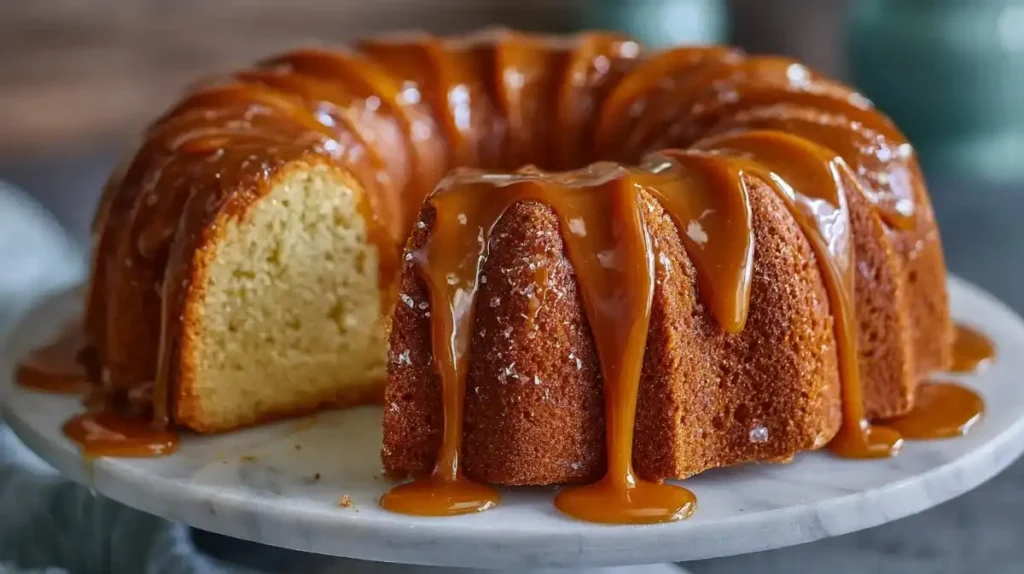 Bundt-style caramel pound cake topped with thick caramel glaze and sea salt flakes.