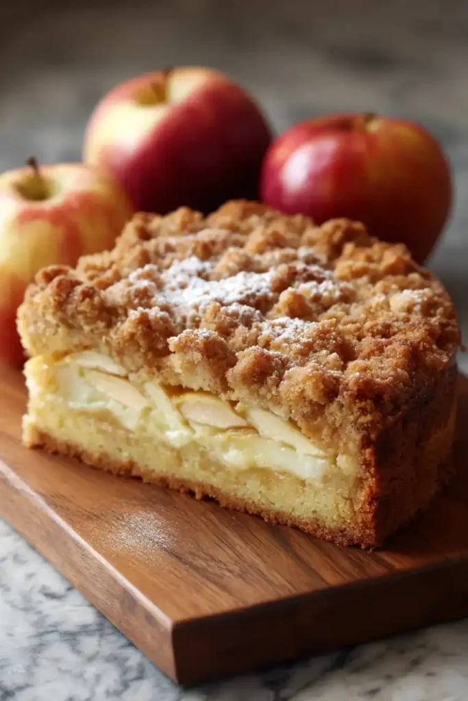 Freshly baked apple crumb cake on a wooden board with red apples in the background, topped with cinnamon streusel and powdered sugar.