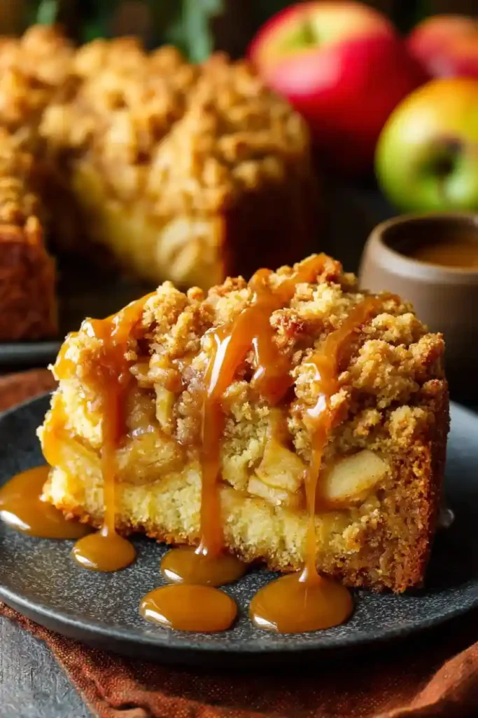 A slice of caramel apple crumb cake on a dark plate with caramel sauce dripping over the streusel topping.