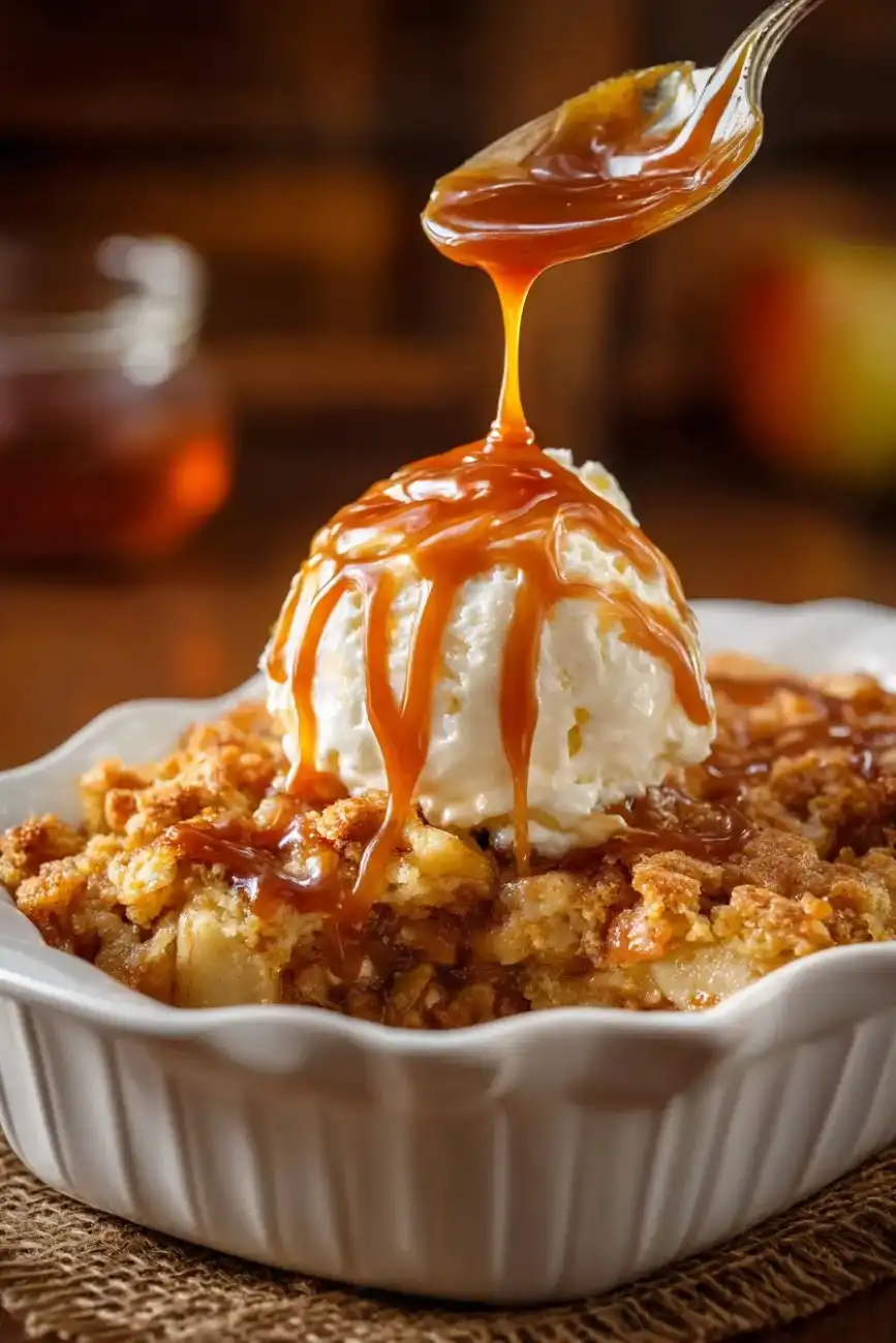 Spoon drizzling warm caramel sauce over a scoop of vanilla ice cream on top of a golden caramel apple dump cake in a white ramekin.