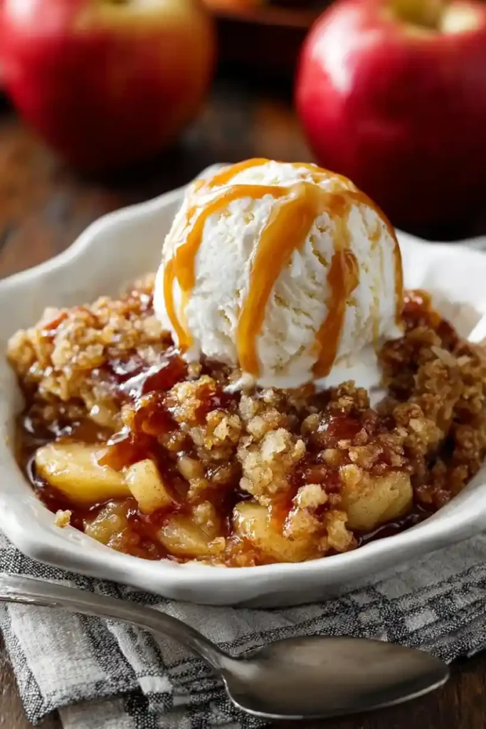 Close-up of a caramel apple dump cake topped with vanilla ice cream and caramel drizzle, with red apples in the background.