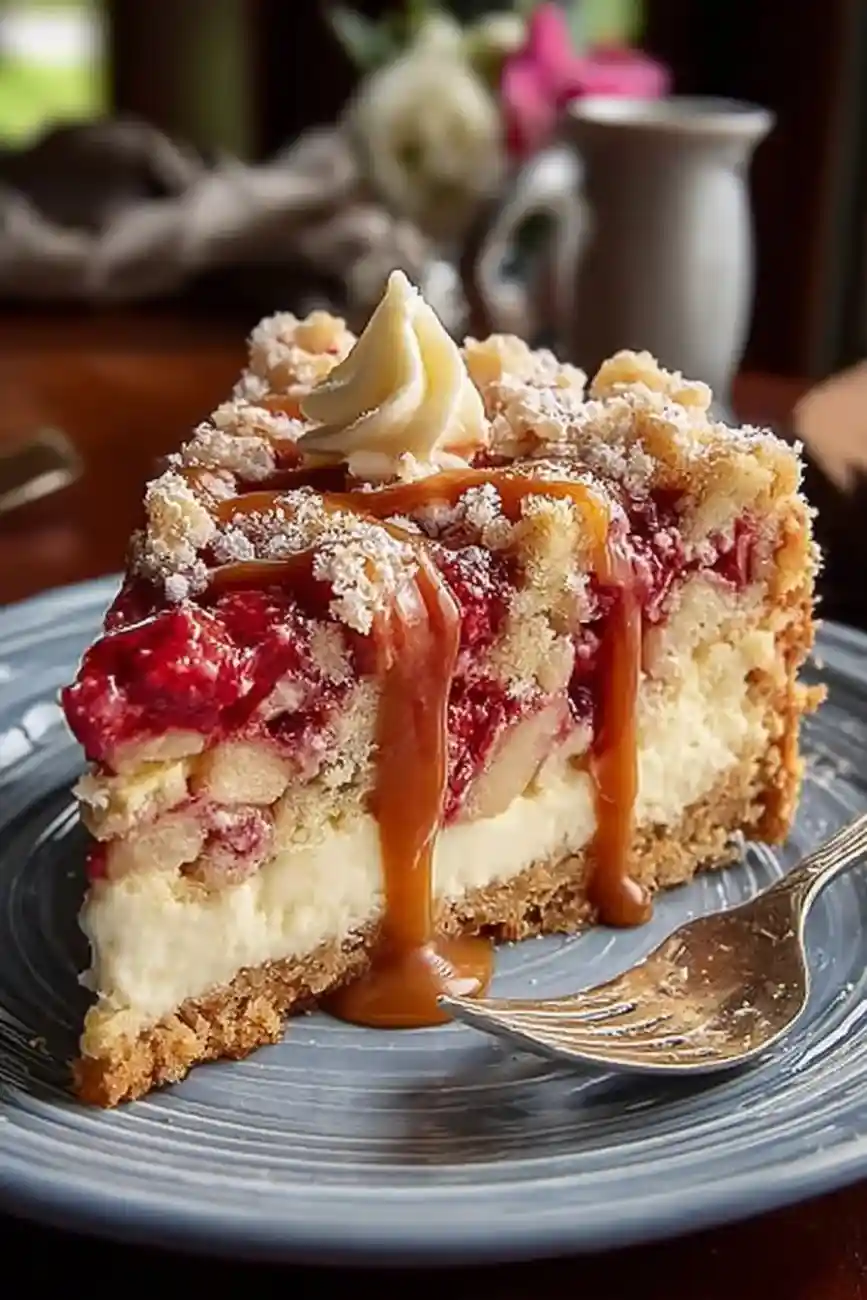 Slice of caramel apple crumb cake with layers of apple, cream filling, and crumb topping drizzled with caramel on a blue plate.