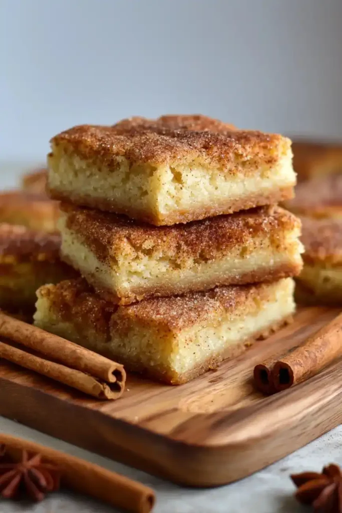Three snickerdoodle cookie bars stacked with cinnamon sticks beside them.
