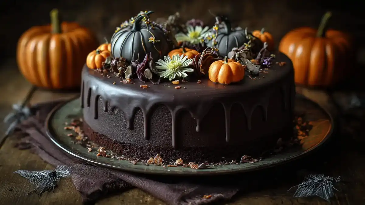Dark chocolate Halloween cake with glossy ganache drip, topped with mini pumpkins, flowers, and spooky fall decorations on a rustic table.