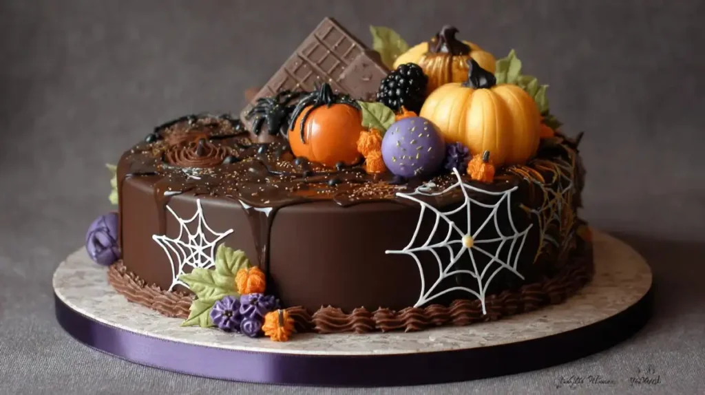 Chocolate Halloween cake with glossy icing, fondant pumpkins, purple decorations, and white spiderweb designs.