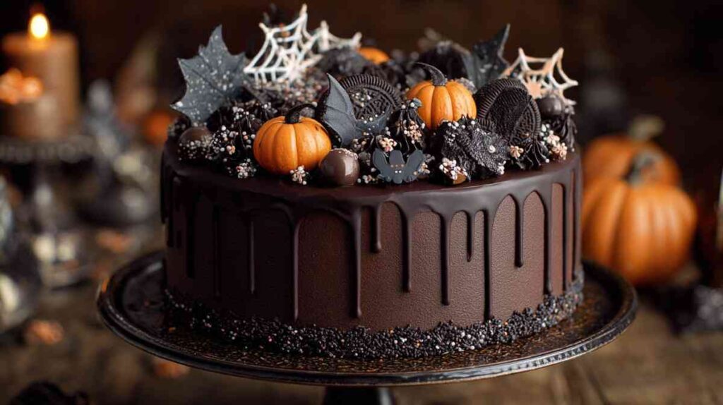 Dark chocolate drip cake decorated with mini pumpkins, black cookies, spiderweb toppers, and edible bats on a moody background.