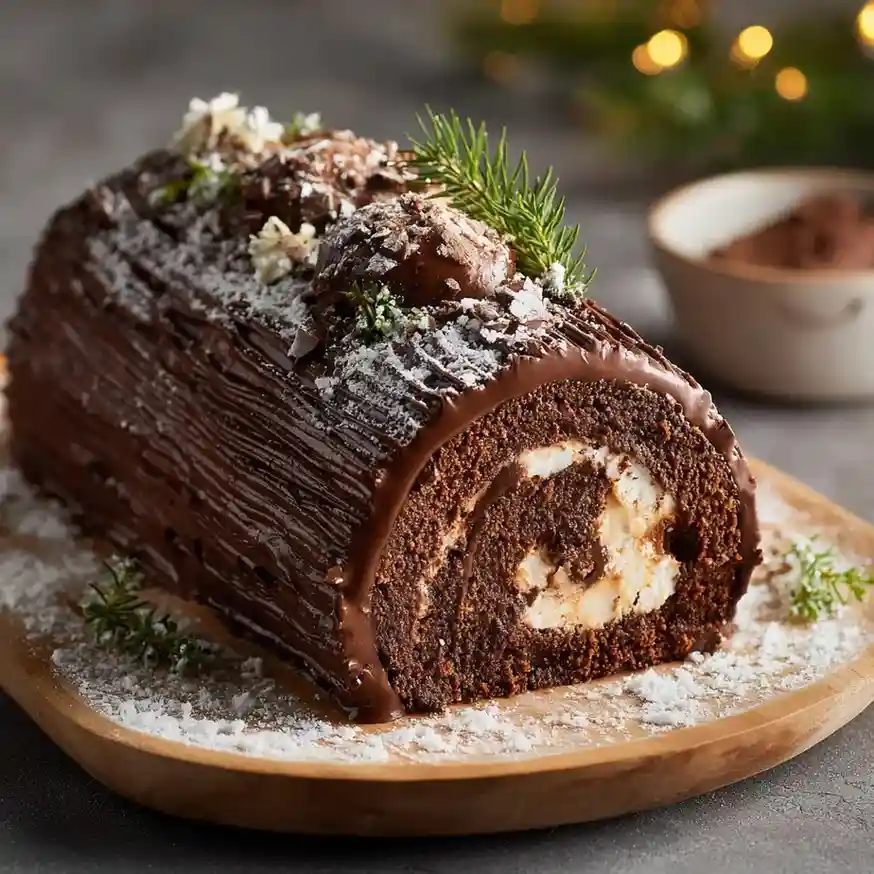 Chocolate Yule Log Cake with chocolate ganache, snowy sugar dusting, and evergreen sprigs on a wooden platter.