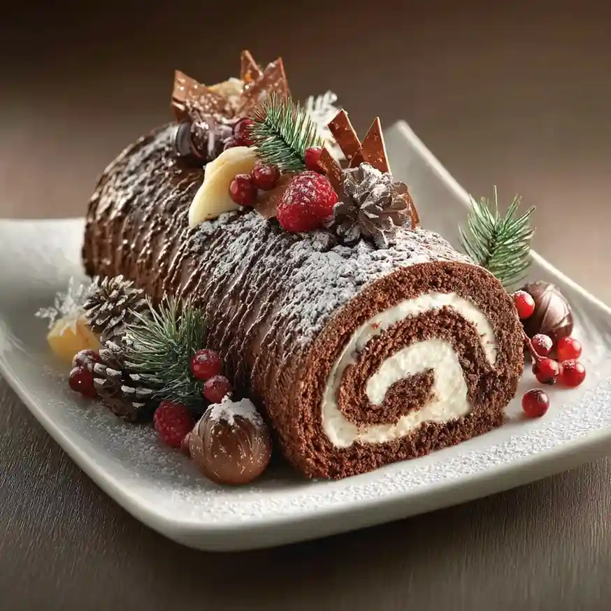 Chocolate Yule Log Cake topped with berries, pinecones, and festive greenery on a ceramic platter.