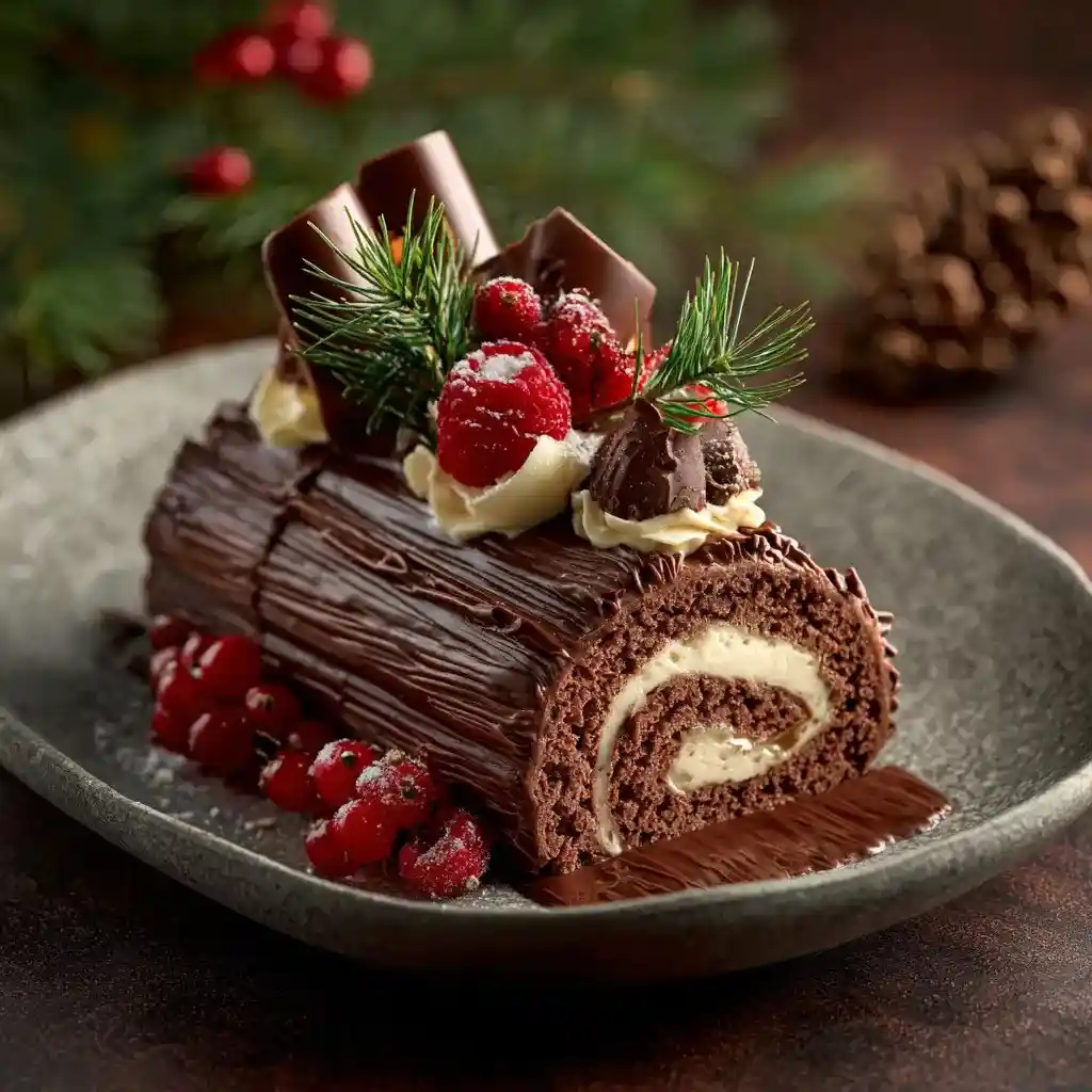 Chocolate Yule Log Cake decorated with raspberries, chocolate curls, and evergreen sprigs on a dark plate.