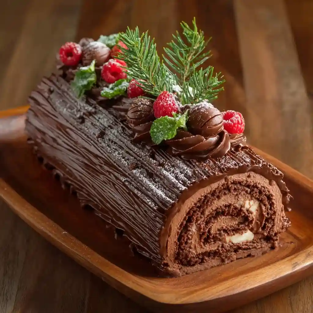 Chocolate Yule Log Cake with chocolate frosting, raspberries, and powdered sugar on a wooden tray.