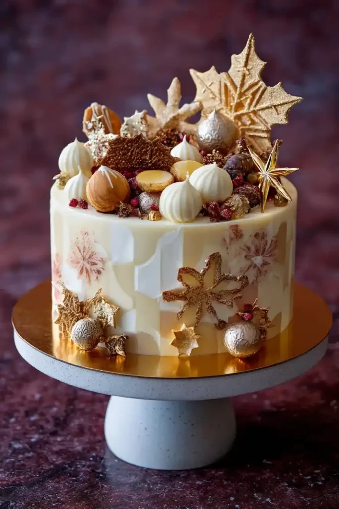Elegant white and gold Christmas cake decorated with golden leaves, stars, and festive meringue peaks.