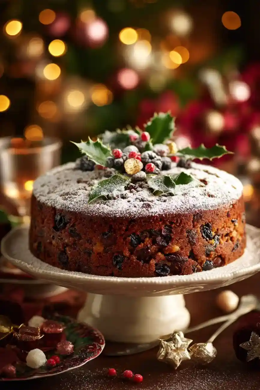 Traditional Christmas fruit cake dusted with powdered sugar and decorated with holly and berries.