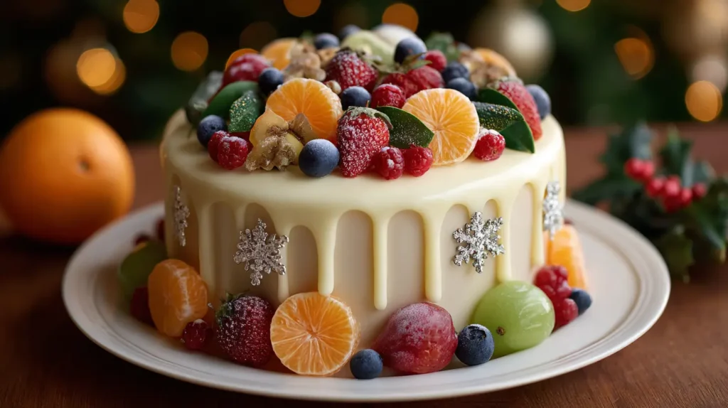 White chocolate drip Christmas cake topped with tangerines, berries, and silver snowflake decorations.