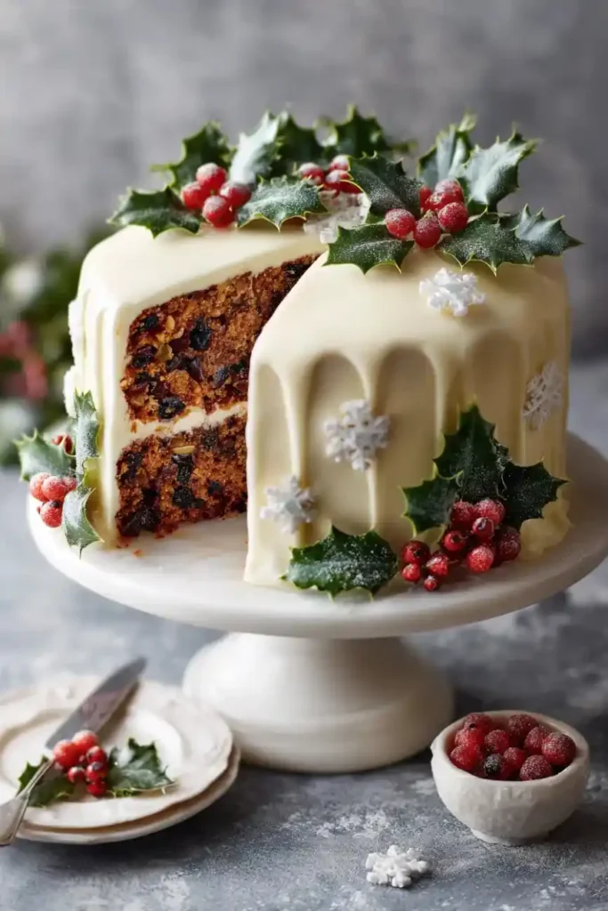 classic Christmas fruit cake covered in smooth white icing and decorated with holly leaves, berries, and snowflakes.