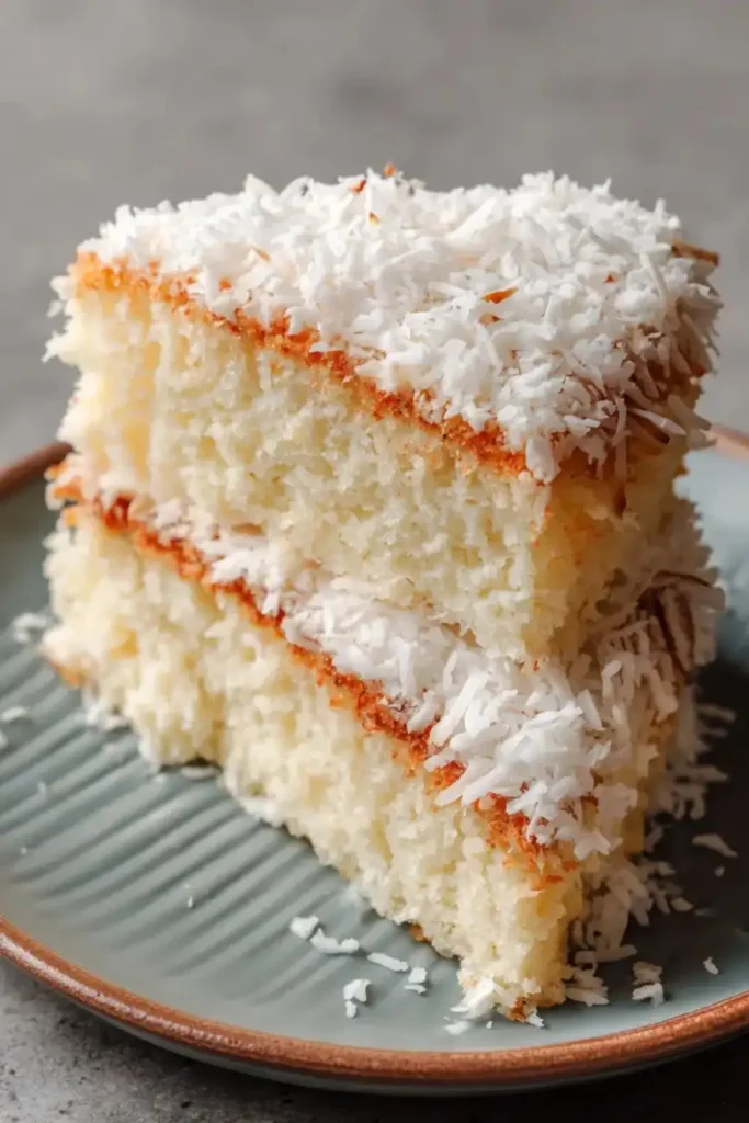 Moist coconut cake slice topped with fluffy coconut flakes on a ceramic plate
