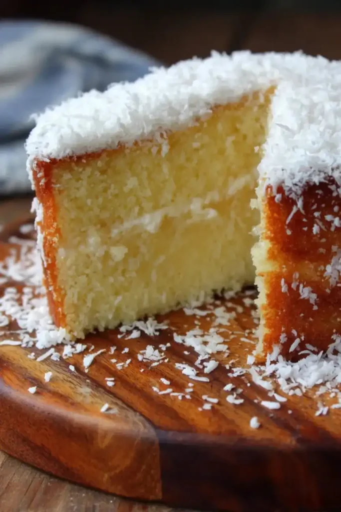 Whole coconut cake with a slice cut out, topped with shredded coconut