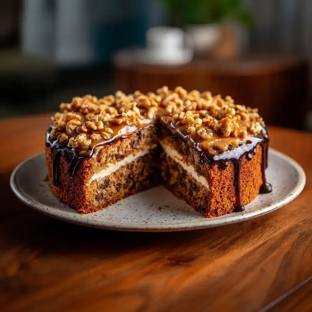 Coffee walnut layer cake topped with chopped walnuts, caramel drizzle, and chocolate ganache on a ceramic plate.