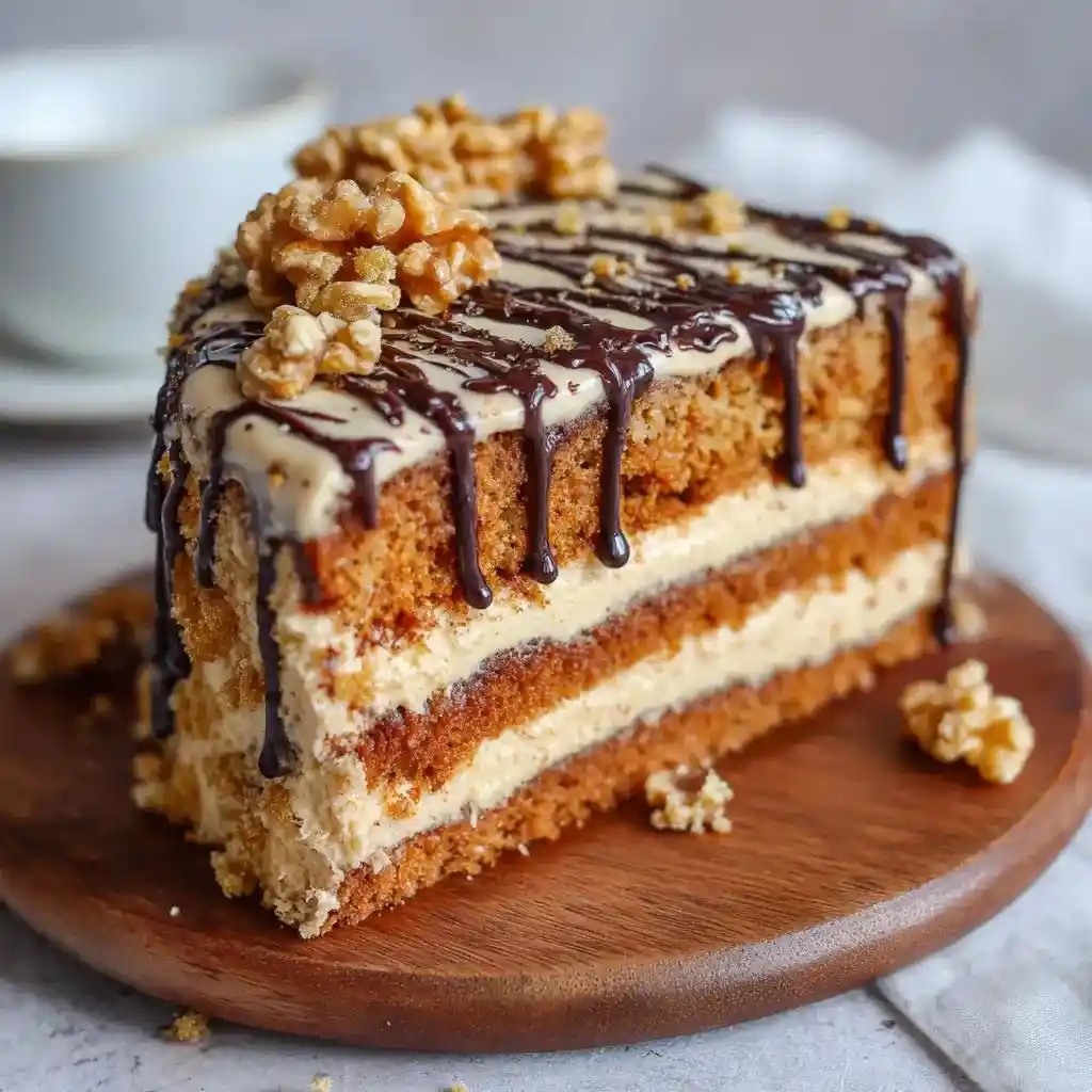 Slice of coffee walnut cake with cream layers, chocolate drizzle, and walnut topping served on a wooden plate.