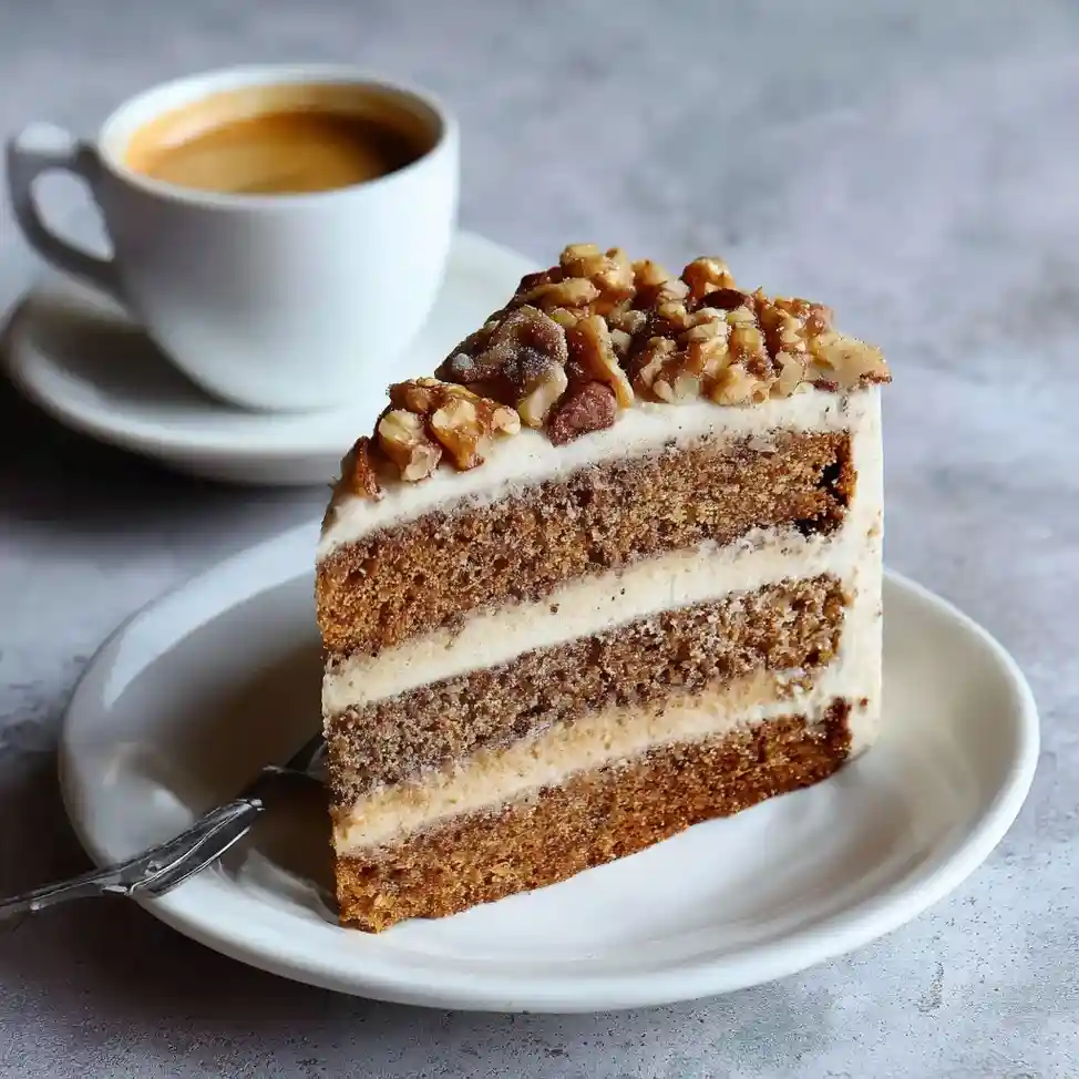 Coffee walnut cake slice with frosting and walnut topping served with a cup of espresso on a white plate.