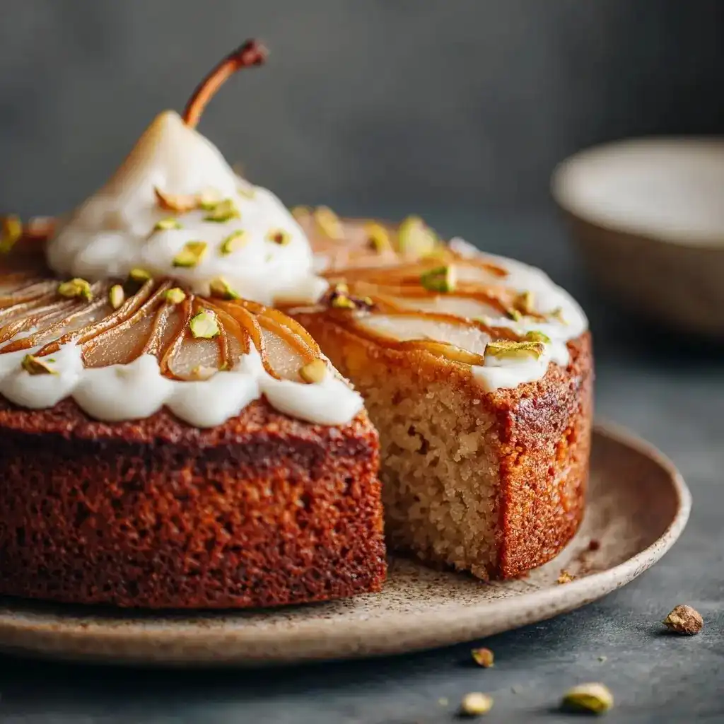 Moist spiced pear cake slice on a plate beside a cup of tea and cinnamon sticks.