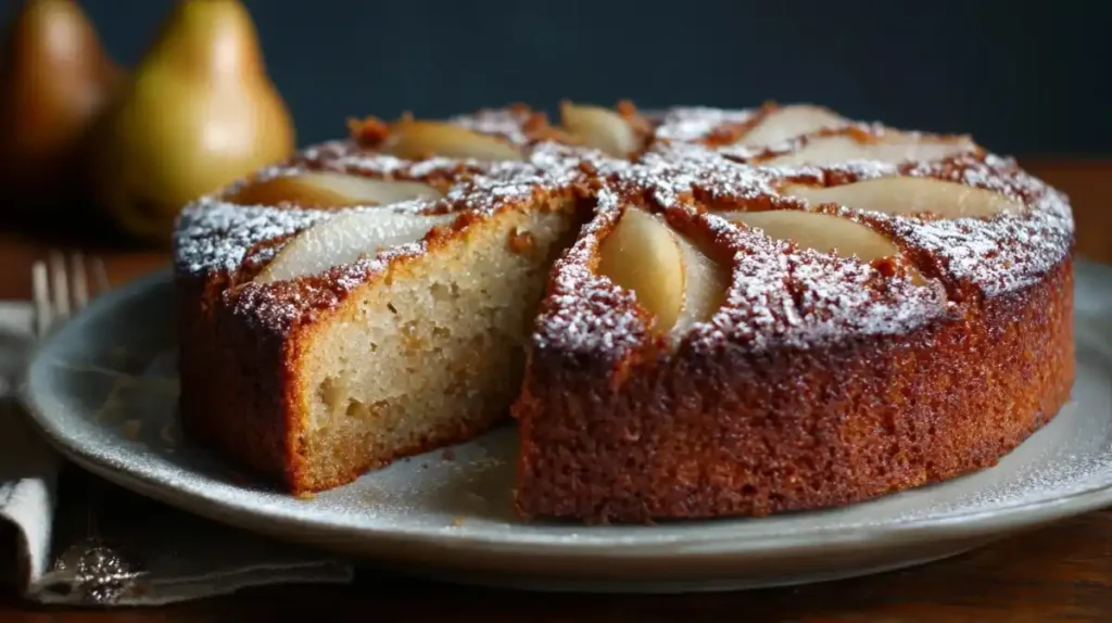 Golden brown spiced pear cake dusted with powdered sugar and topped with sliced pears in a star pattern.