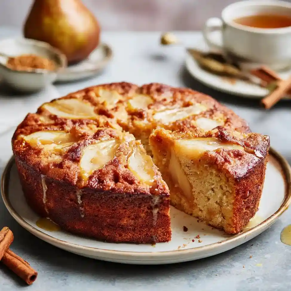 Moist spiced pear cake slice on a plate beside a cup of tea and cinnamon sticks.