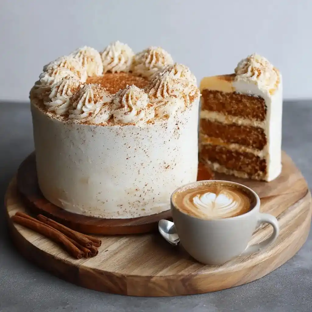 Three-layer pumpkin spice latte cake covered in espresso frosting, decorated with cinnamon swirls, and served with a latte.