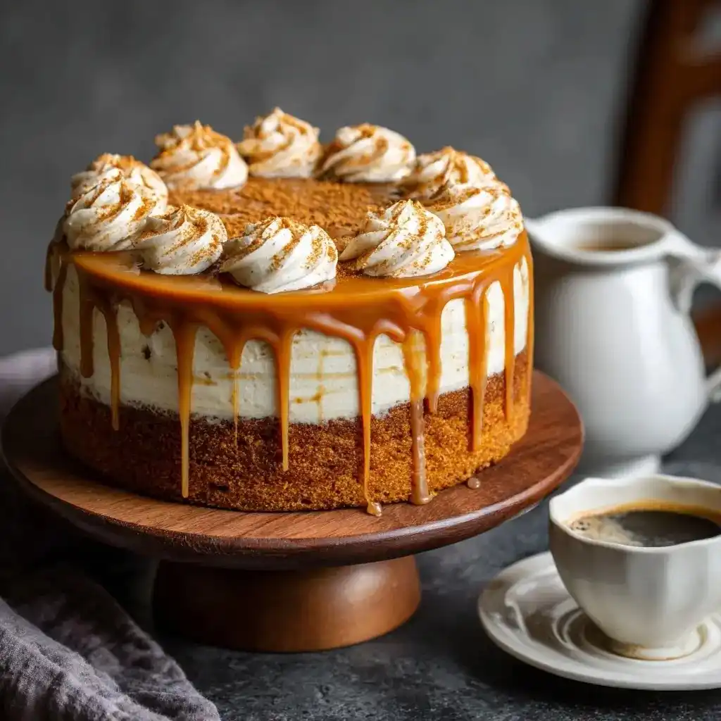 Pumpkin spice latte cake topped with whipped cream swirls and caramel drizzle on a wooden stand beside a cup of coffee.