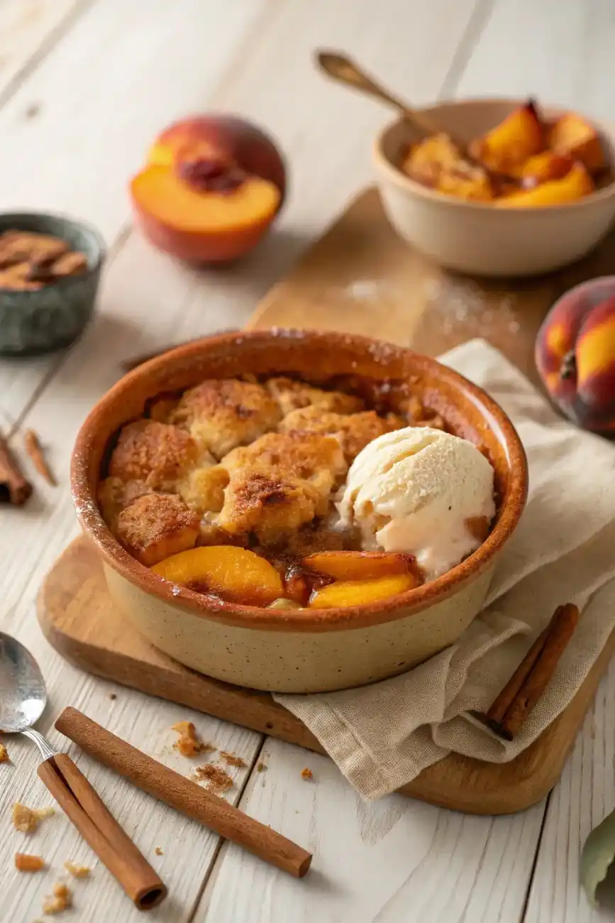 Freshly baked crockpot peach cobbler with ice cream, cinnamon sticks, and ripe peaches on a wooden board.