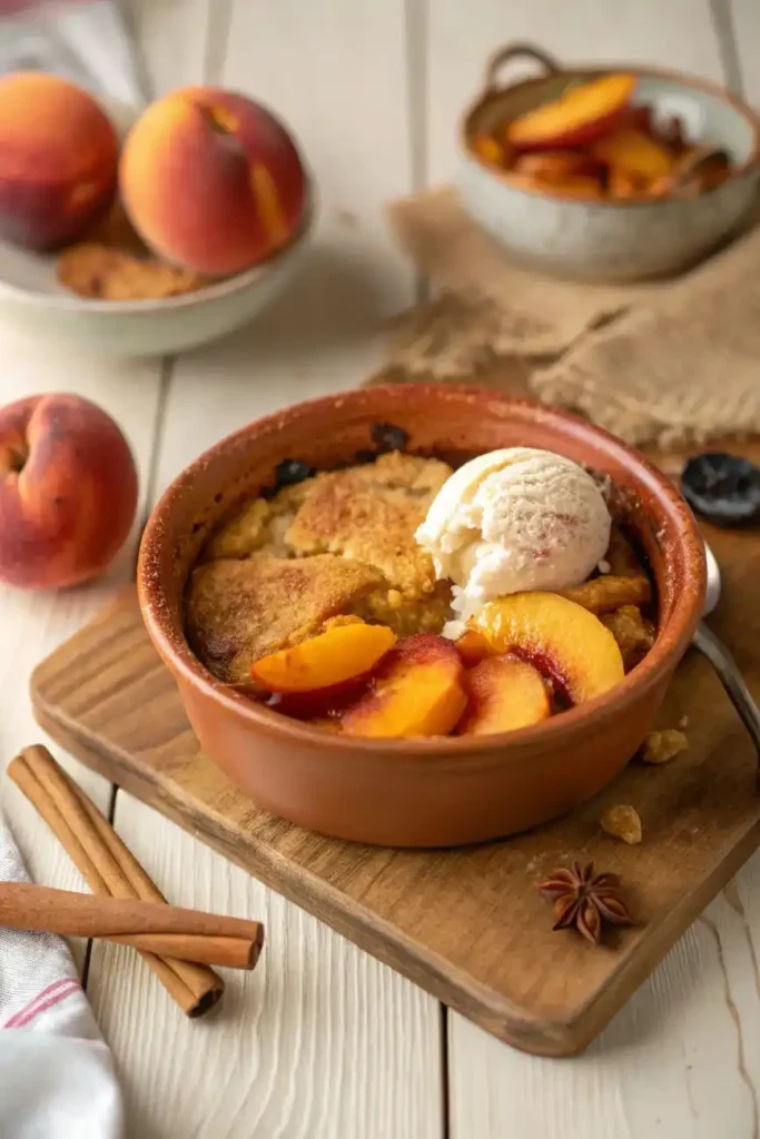 Ingredients for peach cobbler including peaches, flour, brown sugar, cinnamon, milk, and baking powder on a white wooden table.