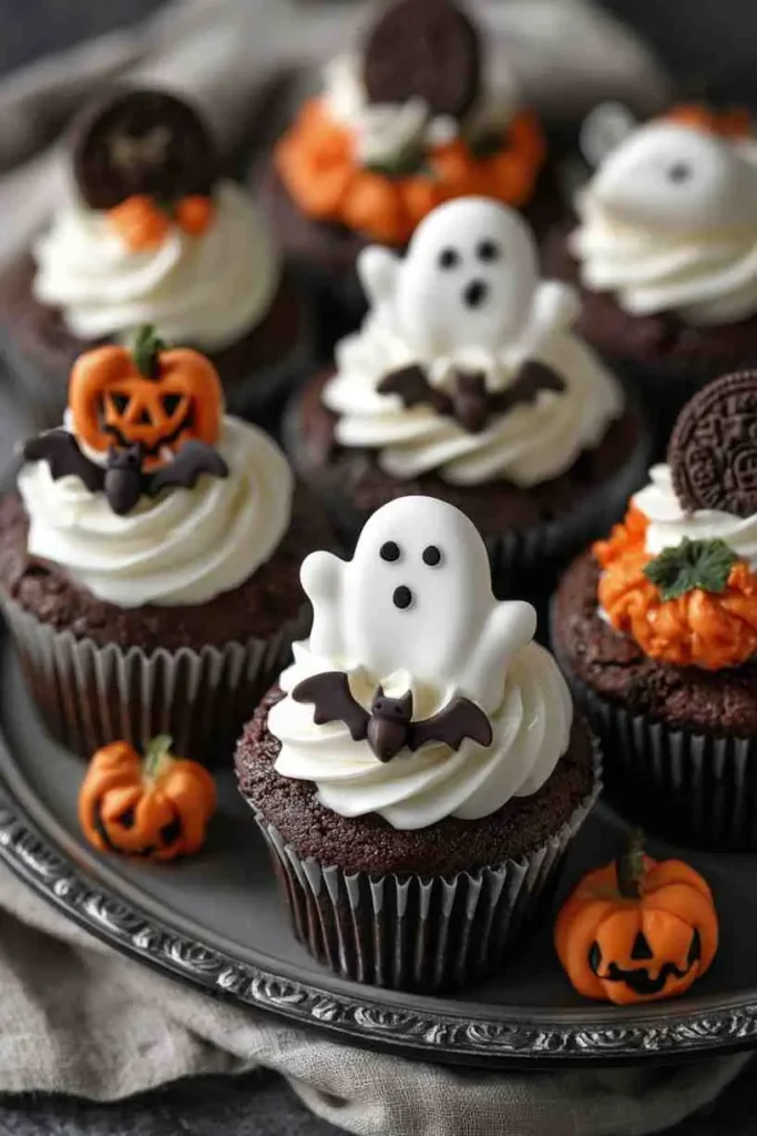 Halloween chocolate cupcakes decorated with white ghosts, mini bats, pumpkins, and Oreo toppers.