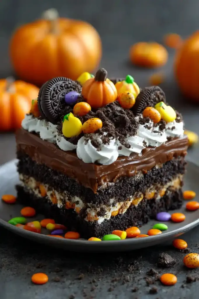 Slice of Oreo dirt cake layered with pudding, whipped cream, and crushed cookies, topped with candy pumpkins and Halloween-colored candies on a dark plate.
