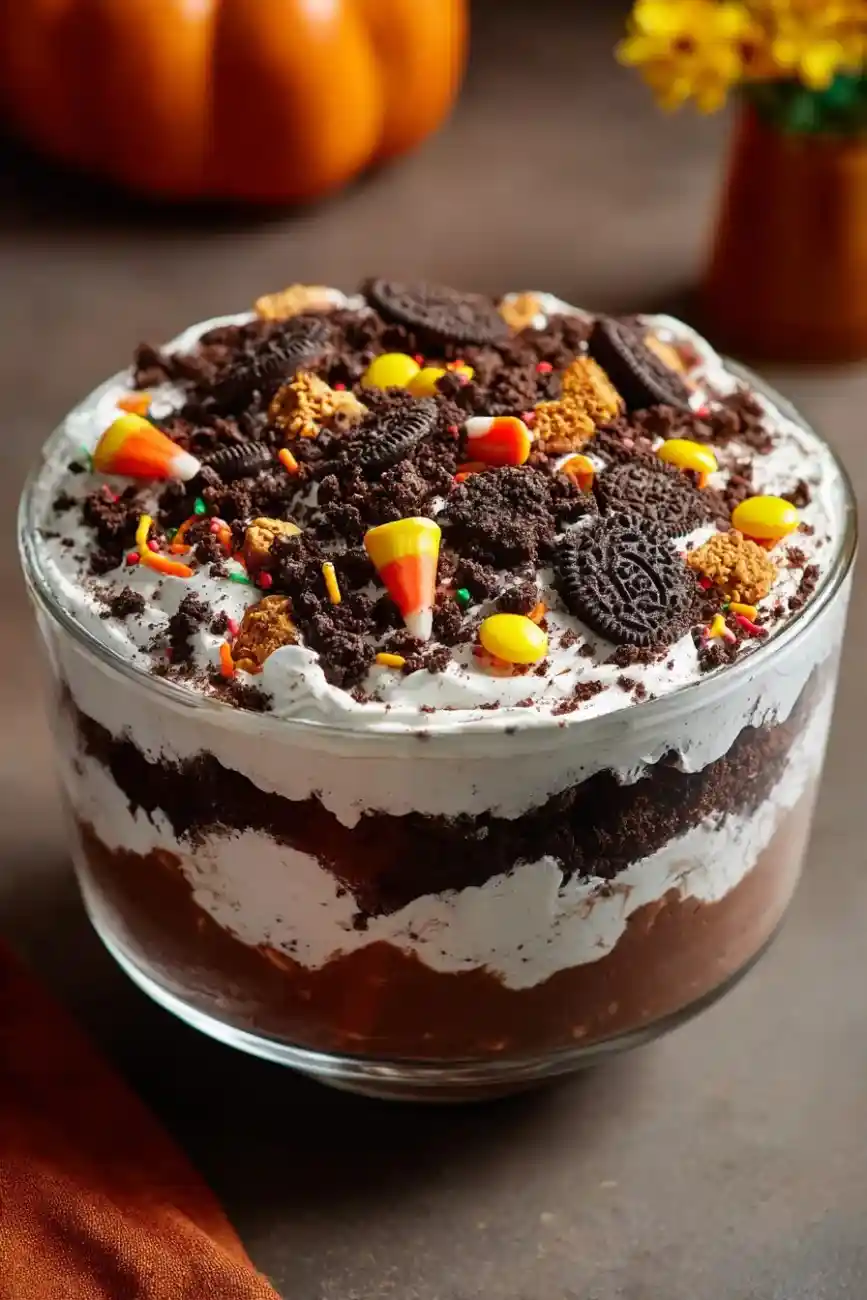 Glass trifle bowl filled with layers of chocolate pudding, crushed Oreos, whipped cream, and candy corn for a colorful Halloween dessert.
