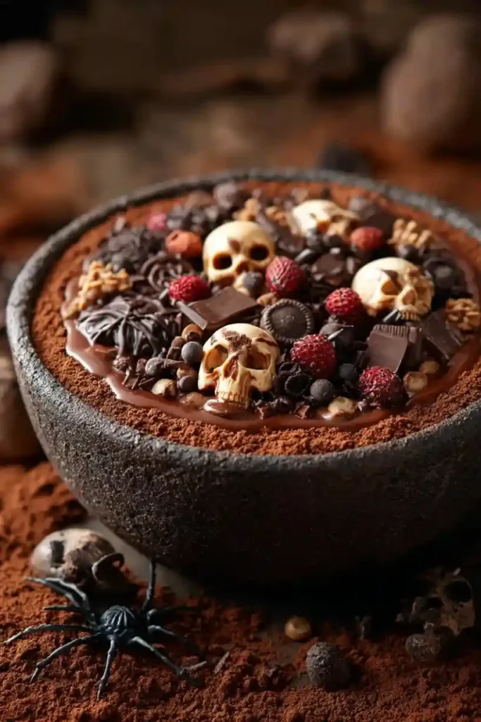 Close-up of a Halloween dirt cake in a black stone bowl topped with white chocolate skulls, crushed Oreos, berries, and cocoa powder for a spooky graveyard effect.