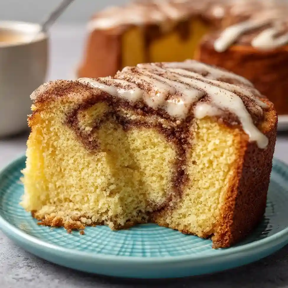 A slice of cinnamon swirl cake with glaze on a turquoise plate beside a coffee cup.
