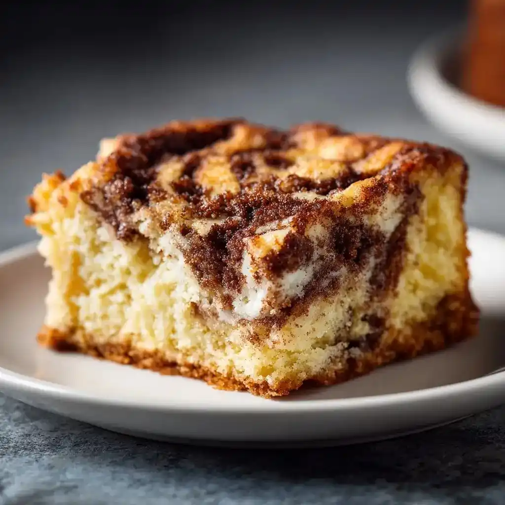 Square slice of cinnamon swirl cake with rich cinnamon layers on a plate.