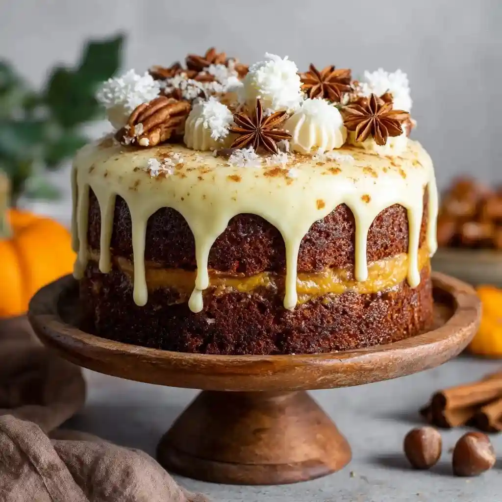 Rustic Thanksgiving cake with cream cheese frosting drip, topped with pecans, star anise, and coconut on a wooden cake stand.
