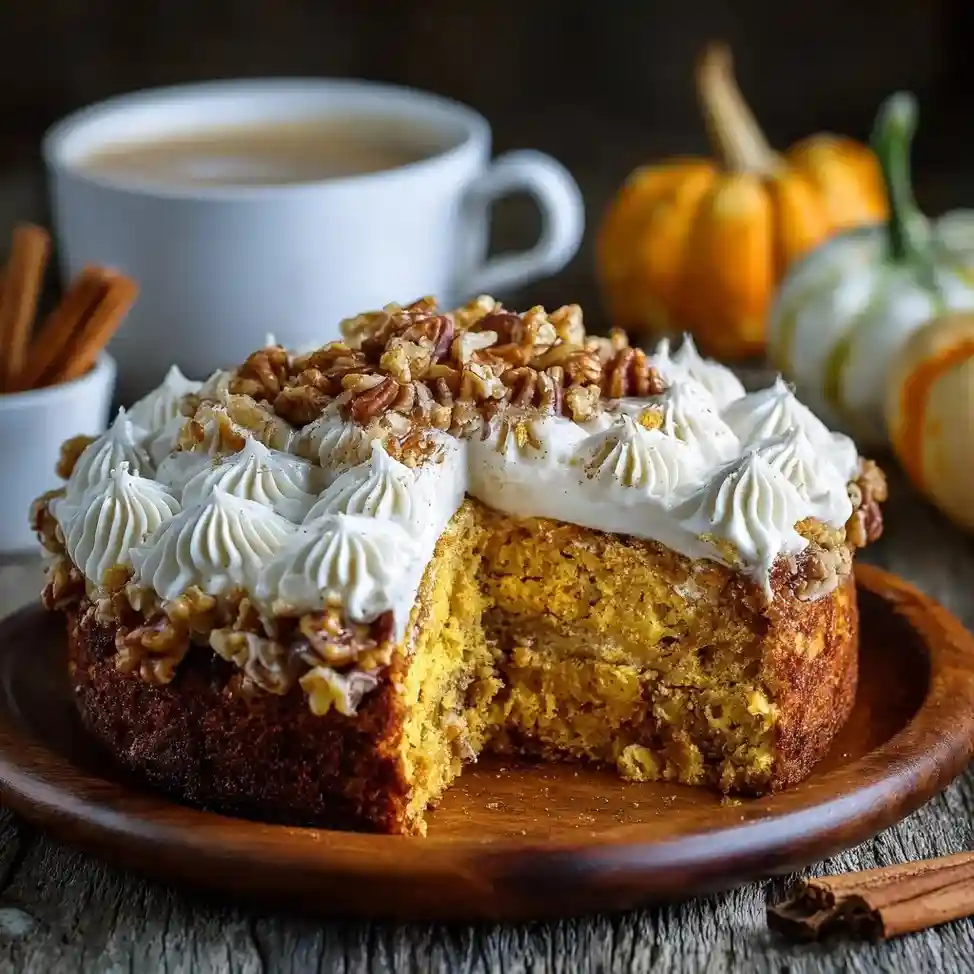 Pumpkin Thanksgiving cake topped with pecans and piped frosting swirls, served with coffee and mini pumpkins.